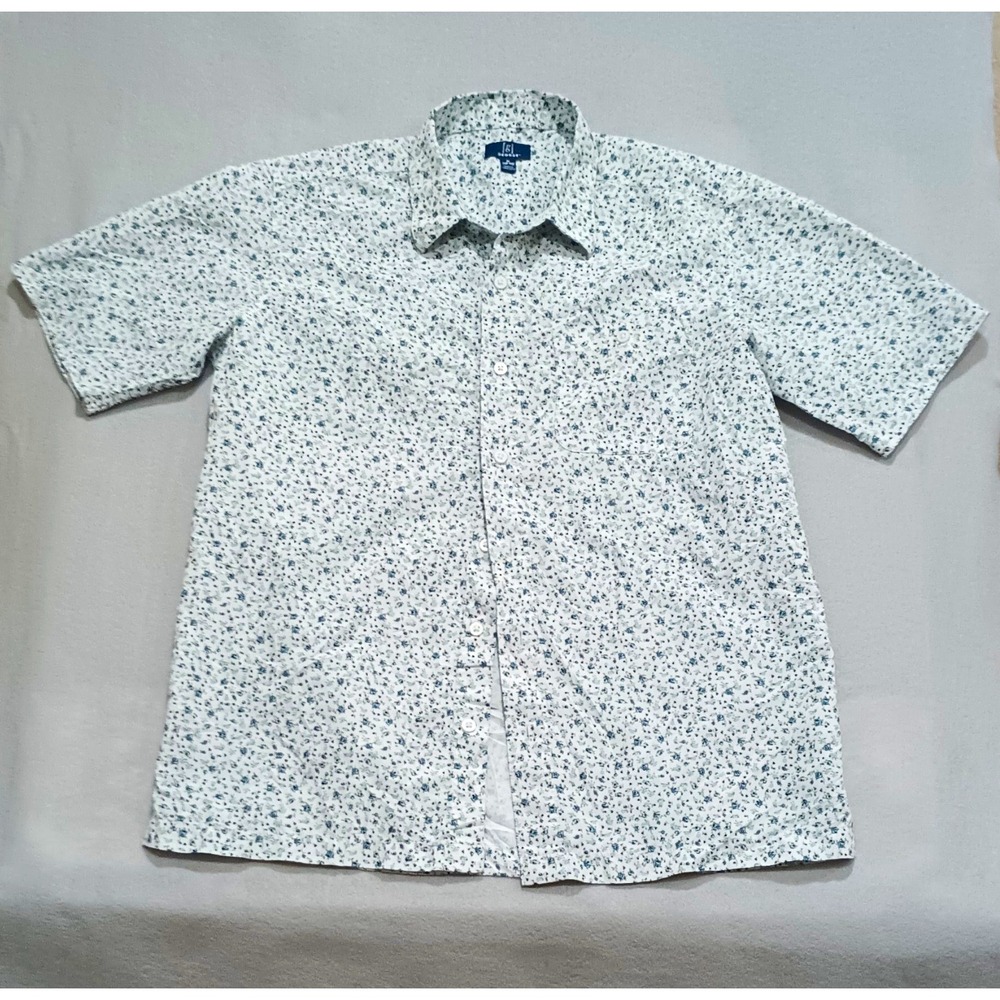 George Men's M 38-40 White/Blue/Green Floral Point Collar Short Sleeve Button-Up